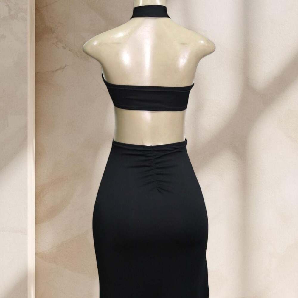 Black Cutout Maxi Dress – Halter Strap Bodycon Ring Detail Sexy Elegant ✧ L - Picture 3 of 4